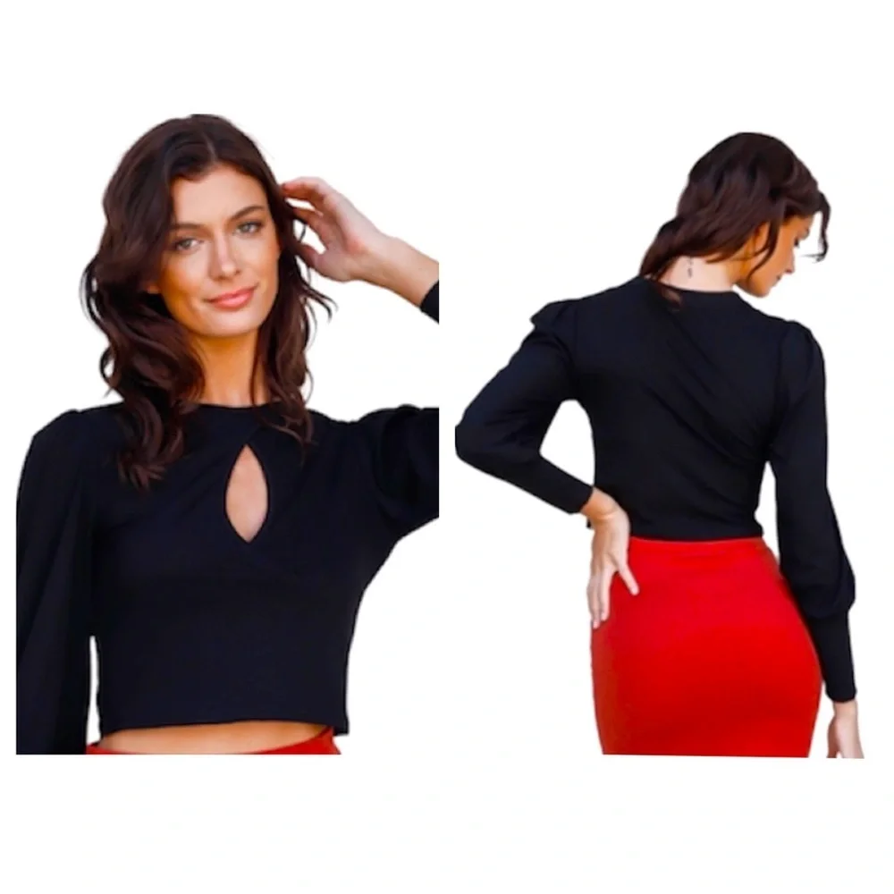 Black Long Sleeve Crop Top - Picture 2 of 4